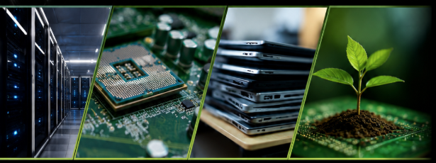 Four panels showing a server room, a computer processor on a circuit board, recovered laptops stacked for reuse, and a green seedling growing from a circuit board
